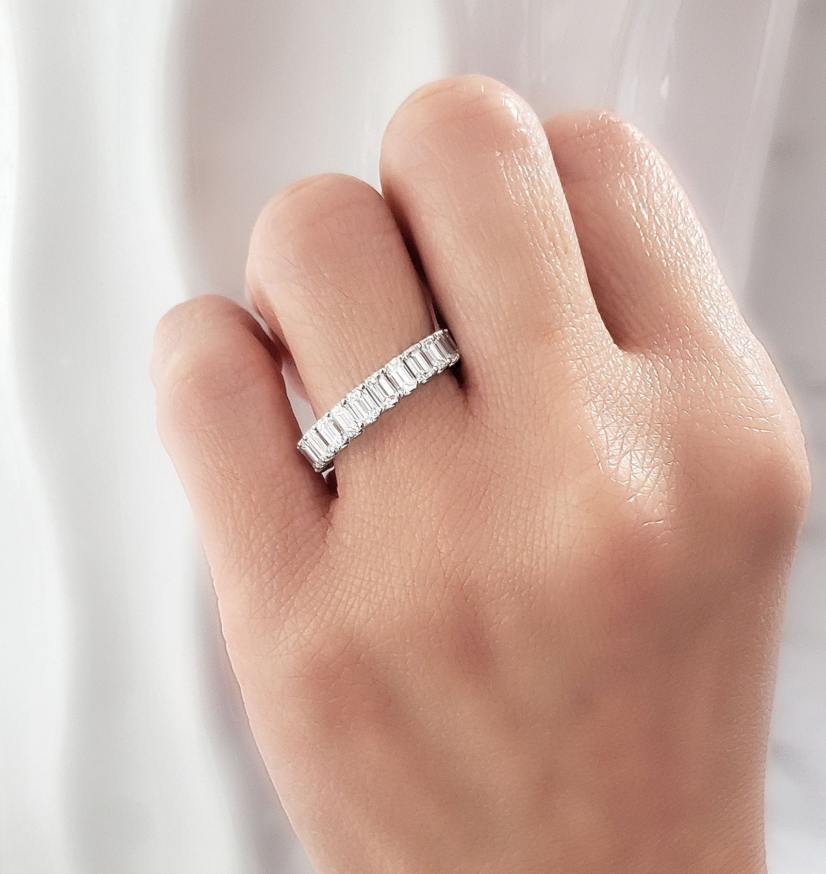 Platinum 3 Carat Emerald Cut Diamond Engagement Ring Wedding Band Jacket  Set 000711